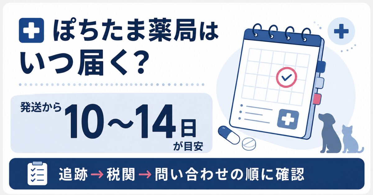 ぽちたま薬局の配達目安(発送から10〜14日)を示す図解