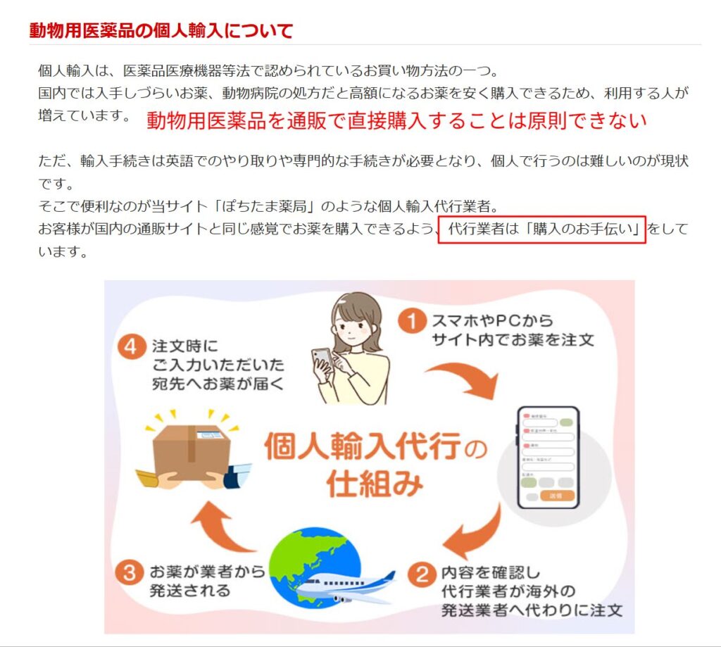 ぽちたま薬局が個人輸入代行であると説明する公式ページ