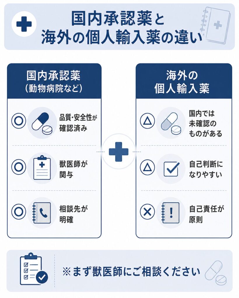国内承認薬と海外の個人輸入薬の違いを項目ごとに整理した比較図