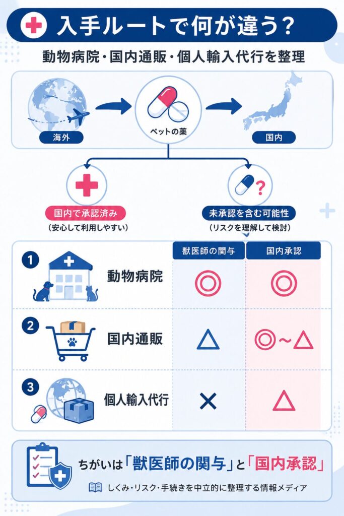 動物病院・国内通販・個人輸入代行の入手ルートを比べた図