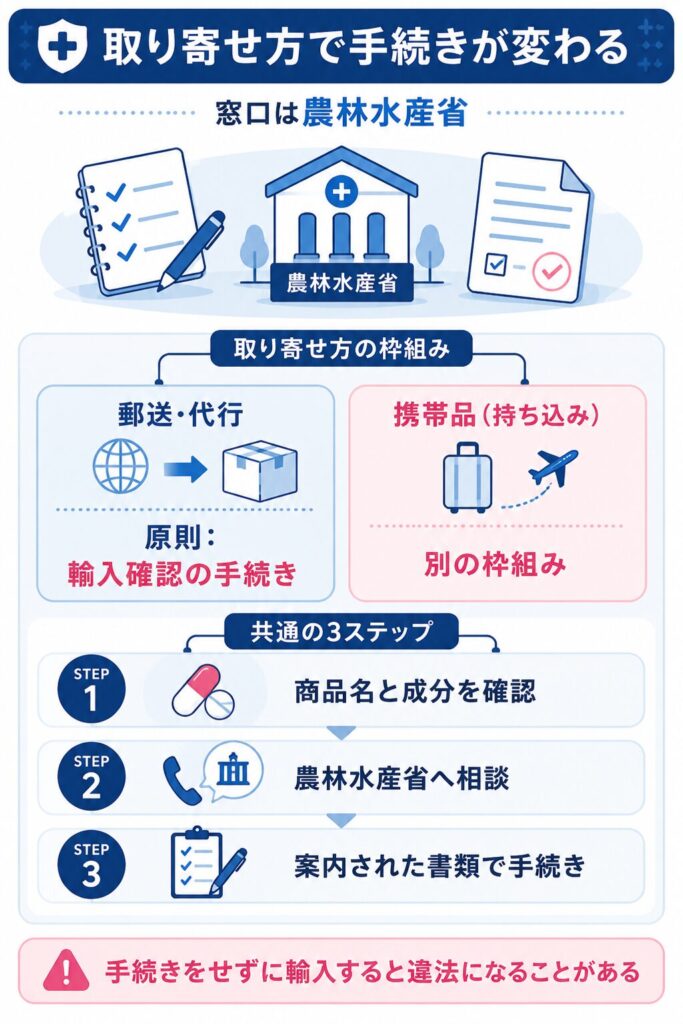 郵送・代行と携帯品の手続きの違いと流れを整理した図