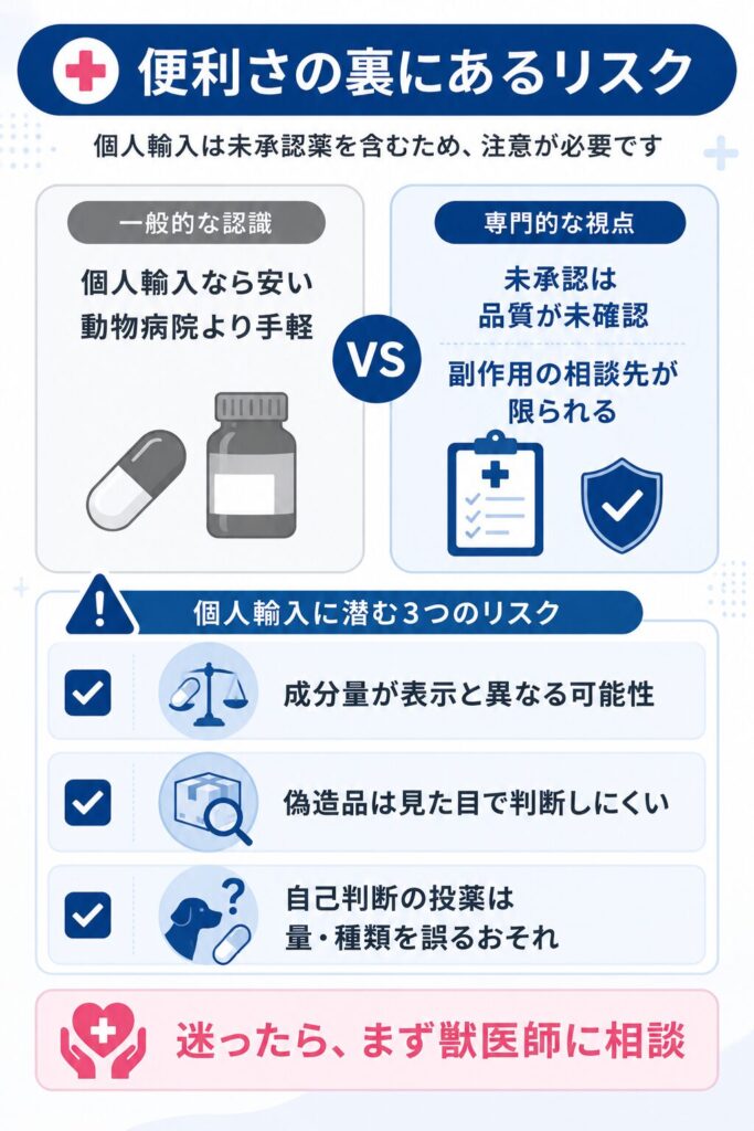 未承認薬・偽造品・自己判断投薬のリスクを整理した図