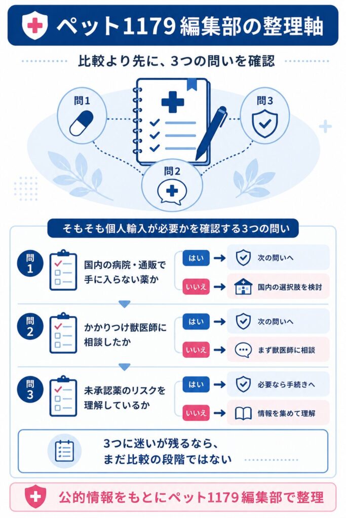 個人輸入の前に確認したい3つの問いを示した整理図