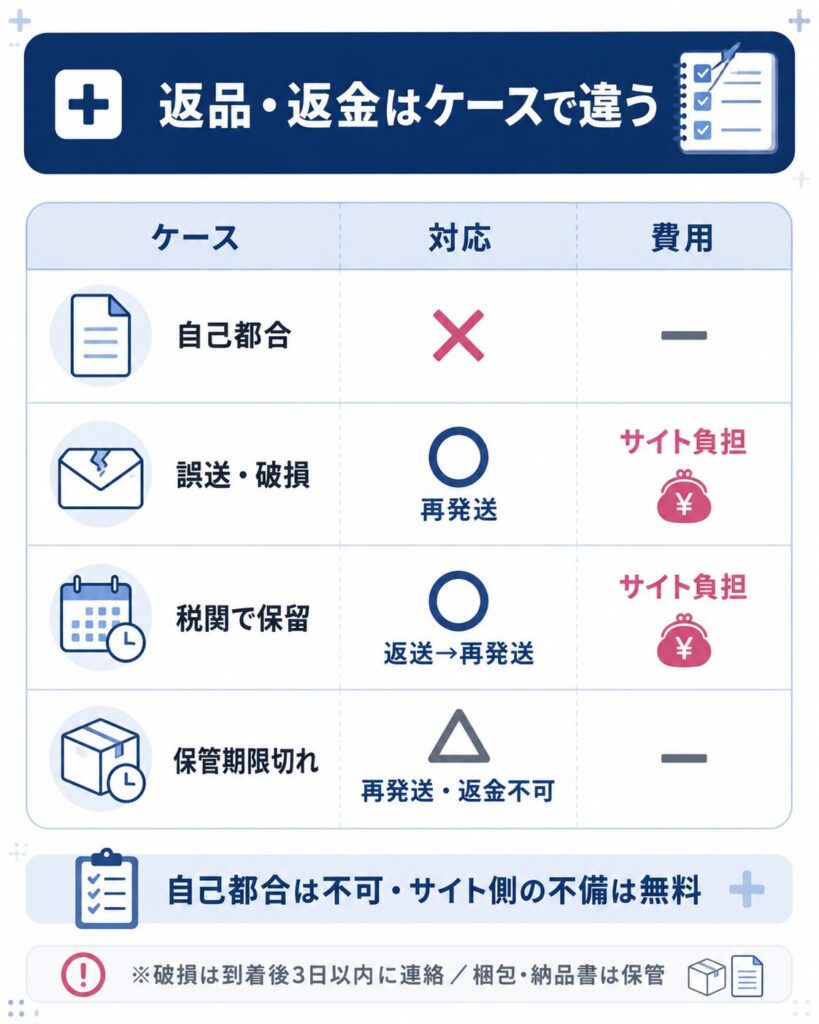 返品・返金の対応をケース別に整理した図