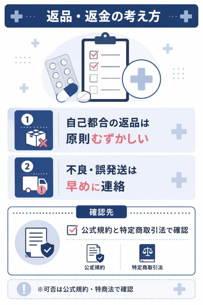 うさパラの返品・返金の考え方と確認先を示した解説図