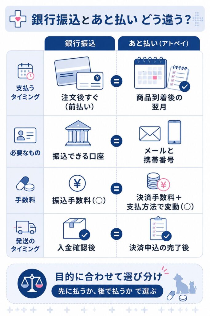 銀行振込とあと払いの違いを比較した図