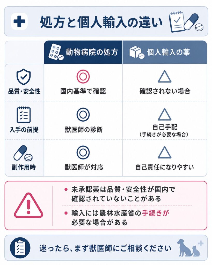 動物病院の処方と個人輸入の薬を中立に対比した図