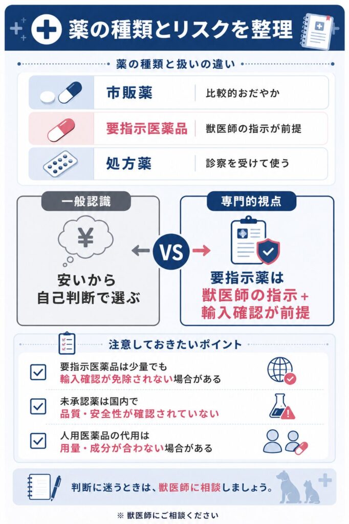 市販薬・要指示医薬品・処方薬の違いと未承認薬のリスクを整理した図