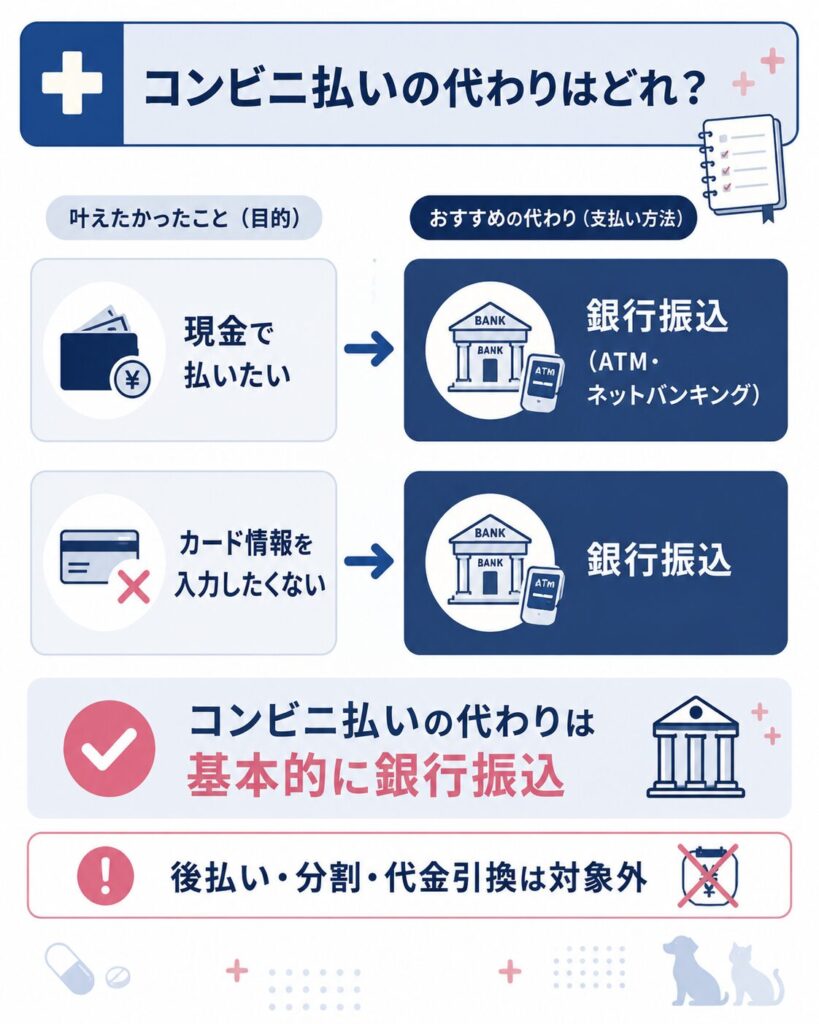 コンビニ払いの代わりに銀行振込を選ぶ目的別の整理図