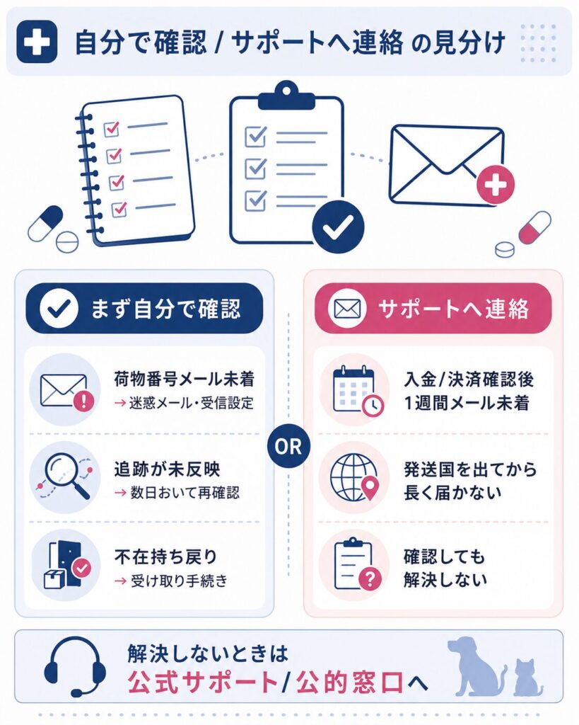 自分で確認することとサポート連絡先を分けた図